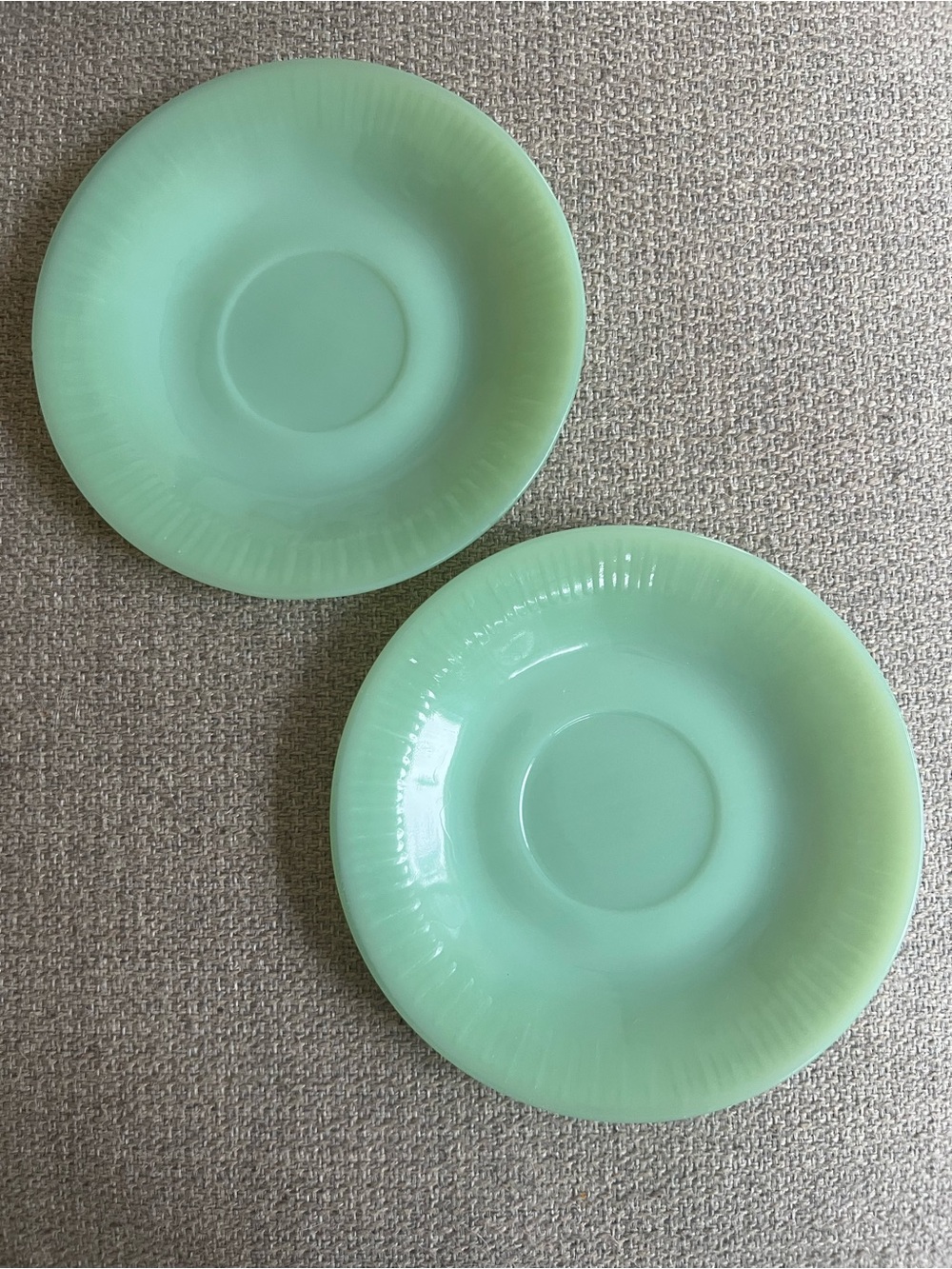 Vintage Fire King Jadeite Jane Ray Saucers 5.75" Green Milk Glass Pair Set of 2